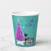 Pink Christmas Tree black Cat Wrapped Gifts Teal Pappbecher (Vorderseite)