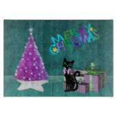 Pink Christmas Tree Black Cat Wrapped Present Teal Schneidebrett (Vorderseite)
