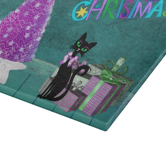 Pink Christmas Tree Black Cat Wrapped Present Teal Schneidebrett (Ecke)