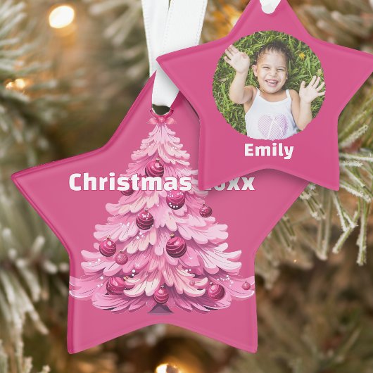 Pink Christmas Tree Dated Photo Star Ornament