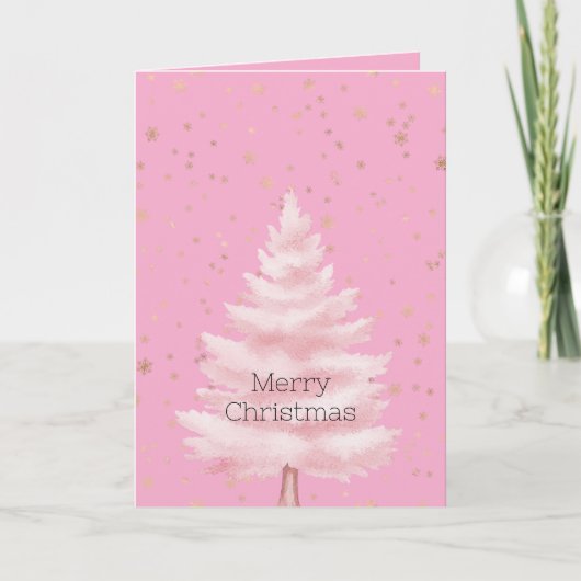 Pink Christmas Tree Gold Snowflakes Karte (Vorderseite)