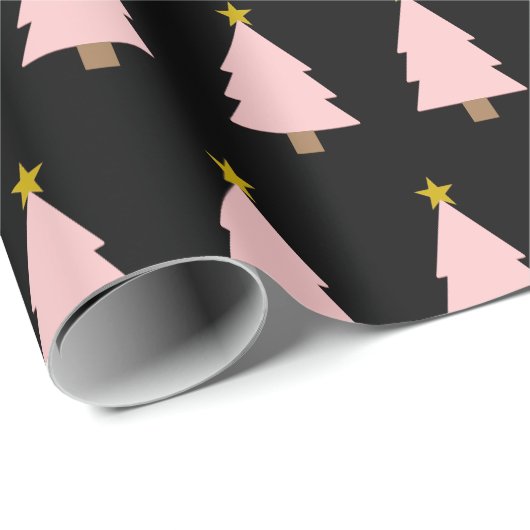 Pink Christmas Tree Line & Golden Star auf Black Geschenkpapier (Rolleneckpunkt)