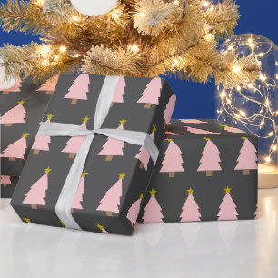 Pink Christmas Tree Line & Golden Star, Dunkelgrau Geschenkpapier