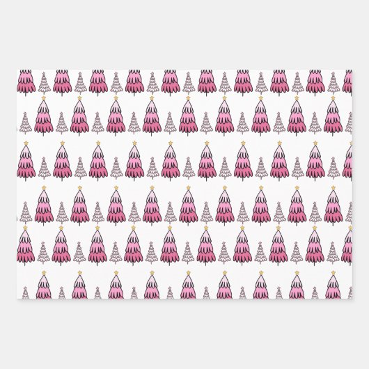 Pink Christmas Tree Muster Glitzer & Leopard Fun Geschenkpapier Set (Vorderseite)