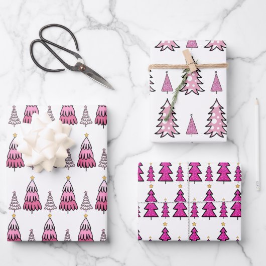 Pink Christmas Tree Muster Glitzer & Leopard Fun Geschenkpapier Set (Vorderseite)