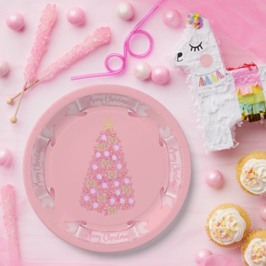 Pink Christmas Tree Paper Plate Pappteller (Party)