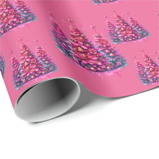 Pink Christmas Tree Trendy Preppy Ästhetik Geschenkpapier (Rolleneckpunkt)