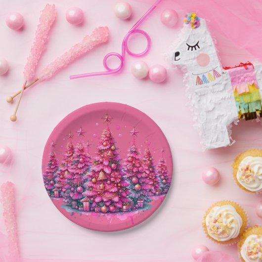 Pink Christmas Tree Trendy Preppy Ästhetik Pappteller (Party)