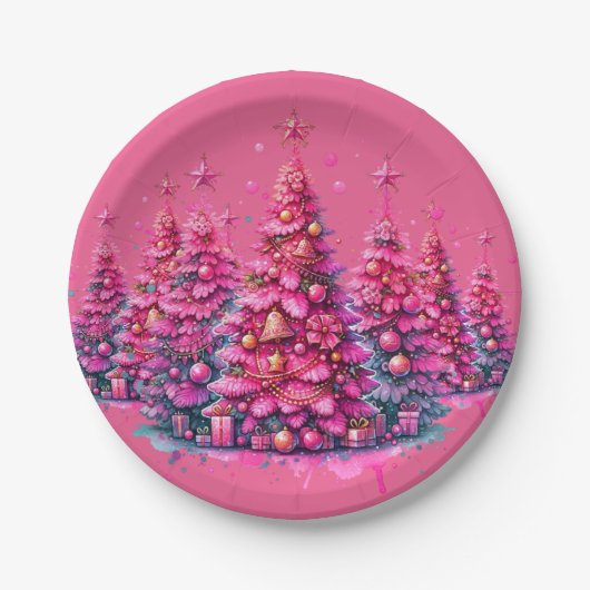 Pink Christmas Tree Trendy Preppy Ästhetik Pappteller (Vorderseite)