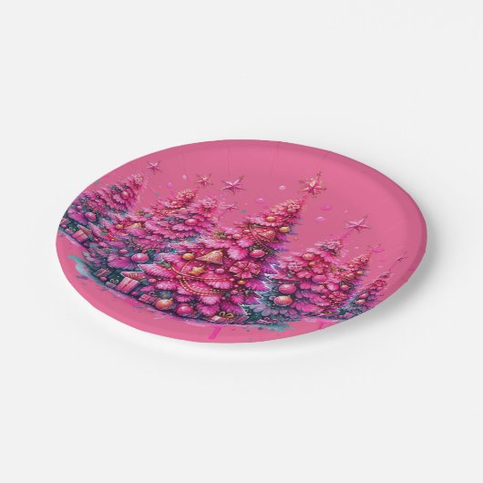 Pink Christmas Tree Trendy Preppy Ästhetik Pappteller (Schrägansicht)