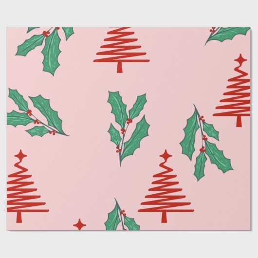 Pink Christmas trees and holly’s Geschenkpapier (Flach)