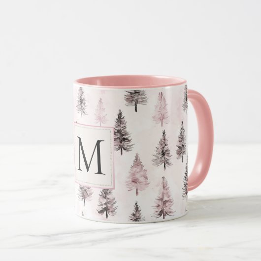 Pink Christmas Trees Monogram Tasse (VorderseiteRechts)