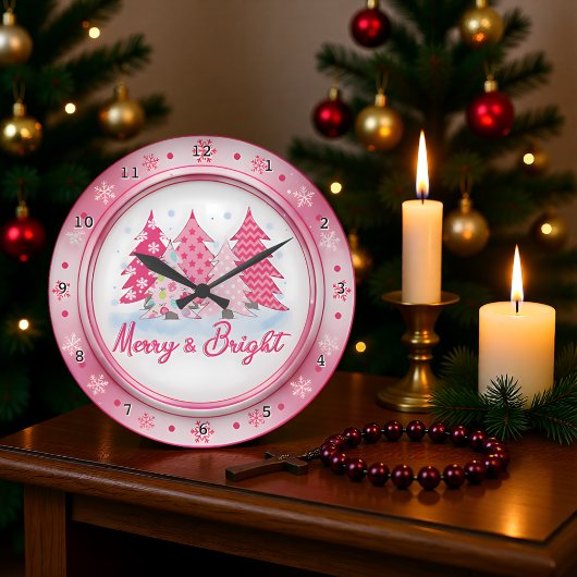 Pink Christmas Trees Round Holiday Design Große Wanduhr