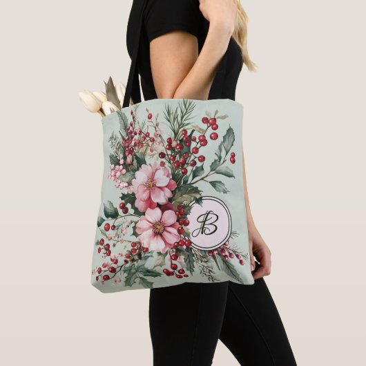 Pink Christmas Watercolor Floral Monogrammed Tote Tasche (Von Nahem)
