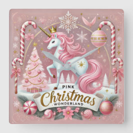 Pink Christmas Wonderland Unicorn Quadratische Wanduhr