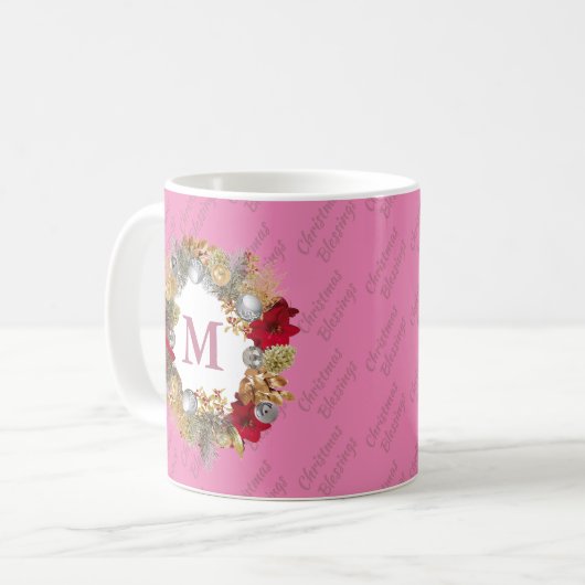 Pink Christmas Wreath Monogram Kaffeetasse (Vorderseite Links)