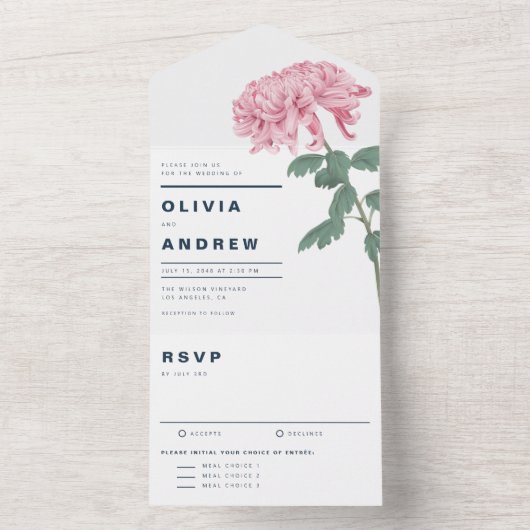 Pink Chrysanthemum Botanische Hochzeit All In One Einladung (Innen Boden)