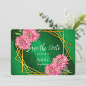 Pink Chrysanthemums Gold Geometric Wedding Save The Date (Stehend Vorderseite)
