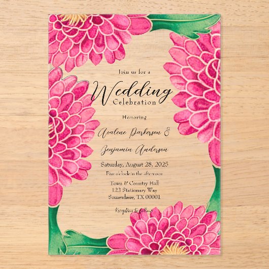 Pink Chrysanthemums Goldene bemalte Hochzeit Acryleinladungen (Vorderseite)