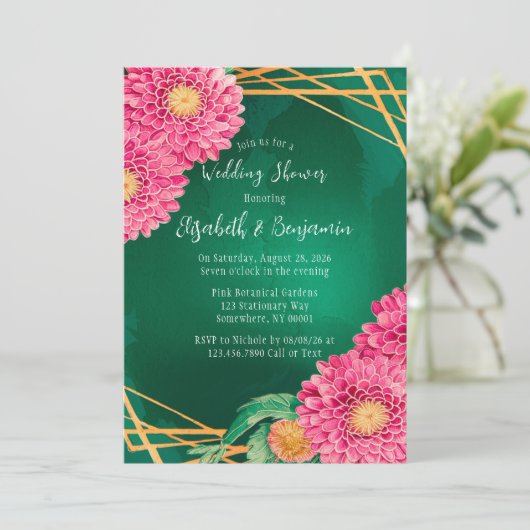 Pink Chrysanthemums Goldener geometrischer Poltera Einladung (Stehend Vorderseite)