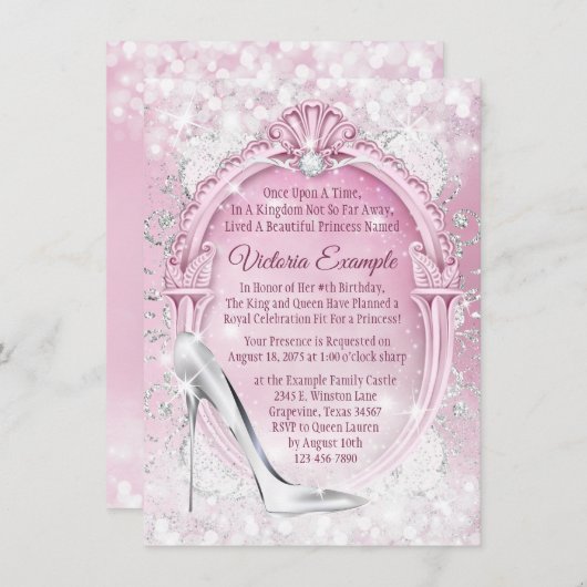 Pink Cinderella Glass Slipper Quinceanera Einladung (Vorne/Hinten)