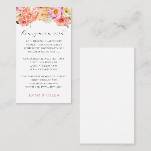 Pink Citrus Honeymoon Wish Fund Enclosure Card Begleitkarte (Vorne/Hinten)