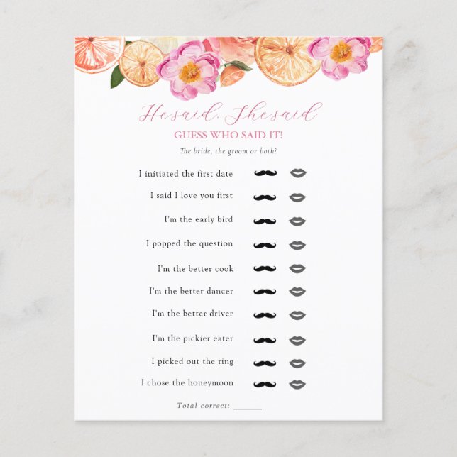 Pink Citrus sagte er, sie sagte Brautparty Game (Vorderseite)