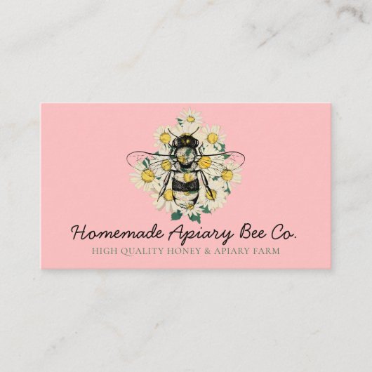 Pink Classy Heart Daisy Blume Honey Bee Visitenkarte (Vorderseite)