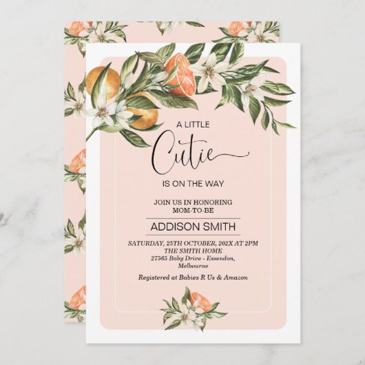 Pink Clementine Kleine Süsse Babydusche Einladung (Vorne/Hinten)