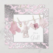 Pink Clothesline Baby Girl Dusche Einladung (Vorne/Hinten)