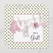 Pink Clothesline Baby Girl Dusche Einladung (Vorne/Hinten)