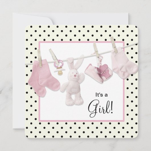 Pink Clothesline Baby Girl Dusche Einladung (Vorderseite)