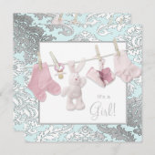 Pink Clothesline Baby Girl Duwer Einladungen (Vorne/Hinten)