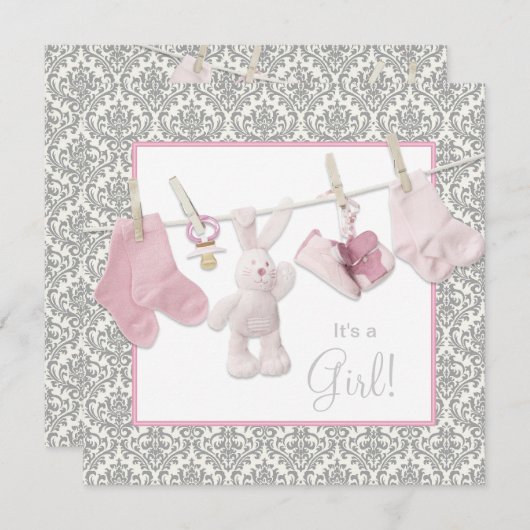 Pink Clothesline Babydusche Einladung (Vorne/Hinten)