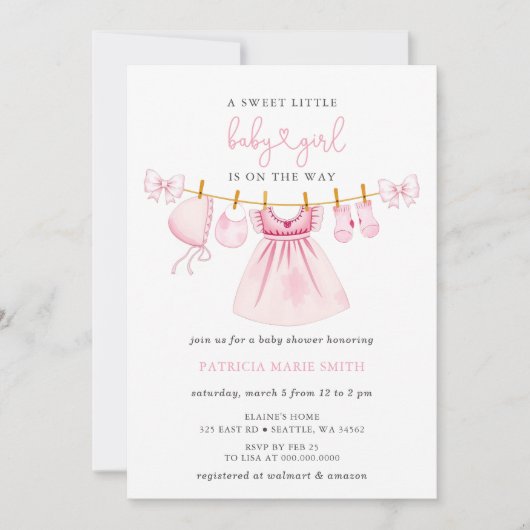 Pink Clothesline Coquette Bow Girl Babydusche Einladung (Vorderseite)