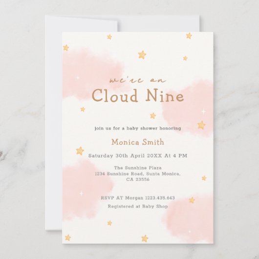 Pink Cloud Nine Girl Baby Dusche Einladung (Vorderseite)