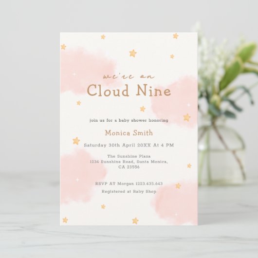 Pink Cloud Nine Girl Baby Dusche Einladung (Stehend Vorderseite)