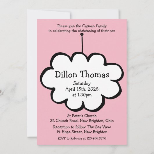 Pink Cloud on a String Christening Baptisse Einladung (Vorderseite)