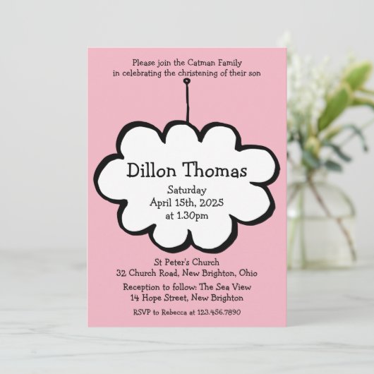 Pink Cloud on a String Christening Baptisse Einladung (Stehend Vorderseite)