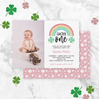 Pink Clover & Rainbow Lucky Ein Foto 1. Geburtstag Einladung