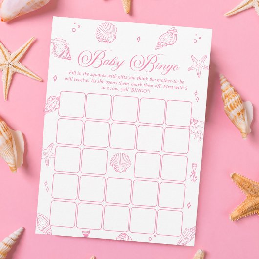 Pink Coastal Beach Baby Shower Bingo Game Card Einladung