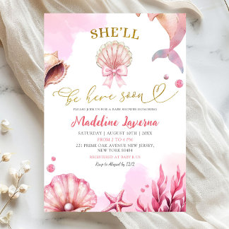 Pink Coastal She'll Be Here Soon Baby Shower Einladung