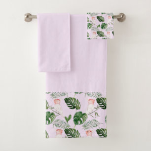Pink Cockatiel Green Palm Blätter Badhandtuch Set