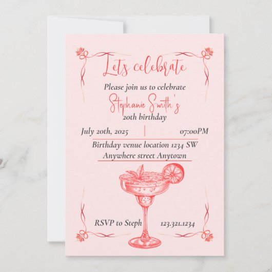 Pink Cocktail Birthday Invitation - Summer Vibe Einladung (Vorderseite)