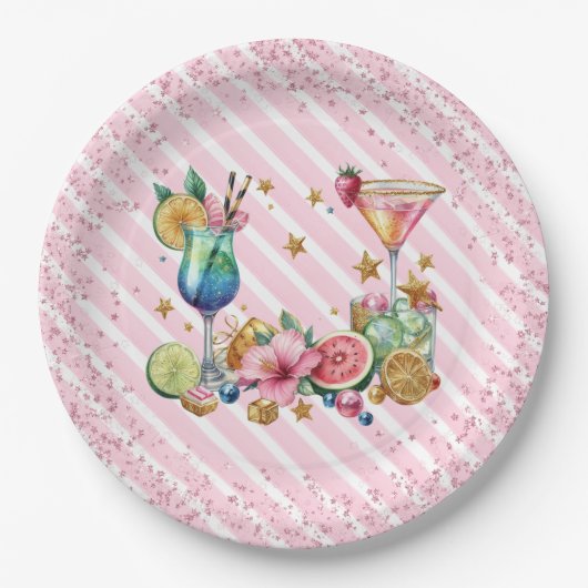 Pink Cocktail Candy Glitzer Geburtstag Pappteller (Vorderseite)