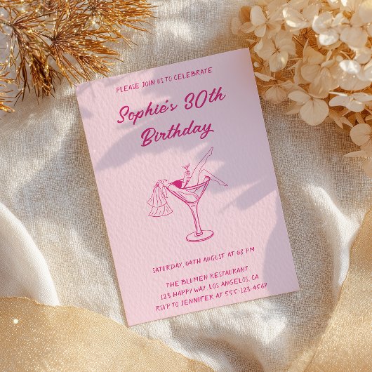 Pink Cocktail Party 30th Birthday | Retro Martini Einladung