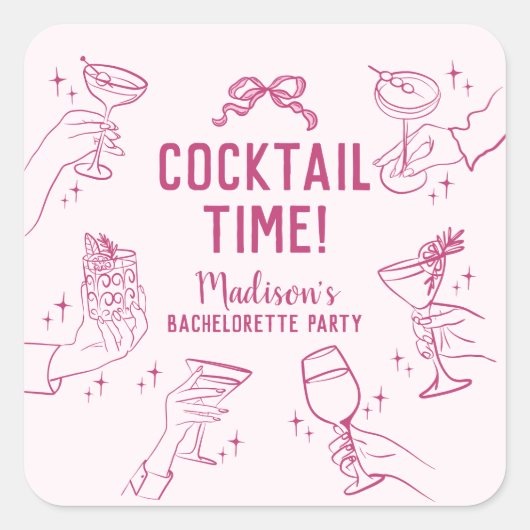 Pink Cocktail Party Bachelorette Umschlag Gefallen Quadratischer Aufkleber (Vorderseite)