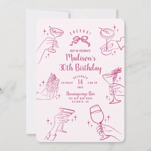 Pink Cocktail Party Geburtstagsparty Einladung (Vorderseite)