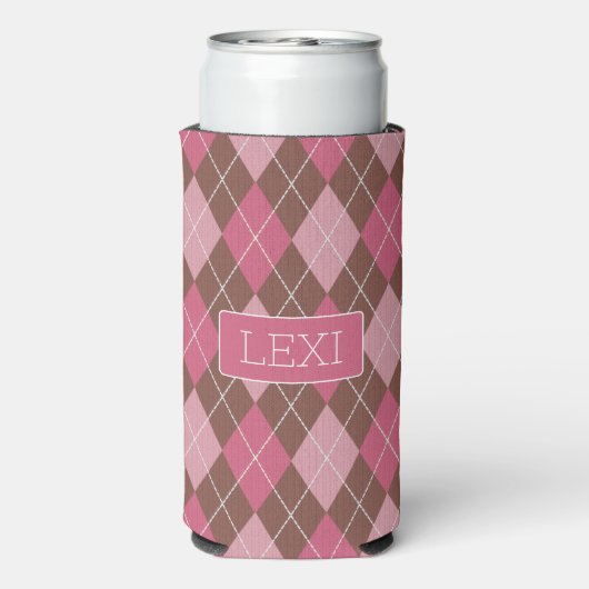 Pink / Coffee Diamond Raute Muster - Ihr Name Selters Dosenkühler (Seltzer Rückseite)