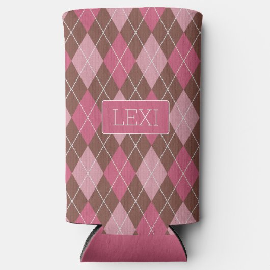 Pink / Coffee Diamond Raute Muster - Ihr Name Selters Dosenkühler (Vorderseite)